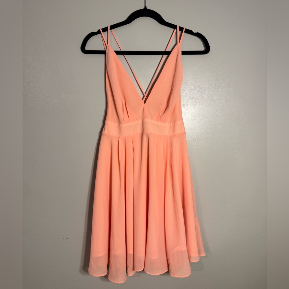 Lulu’s Save Me a Dance Coral Pink Pleated V-Neck Skater Dress